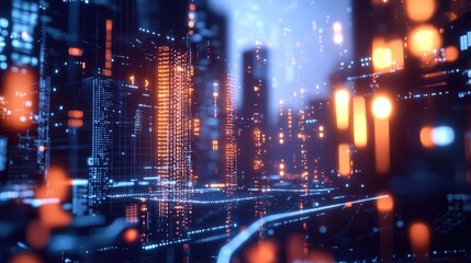 Obraz premium Futuristic cityscape featuring vibrant neon lights, towering skyscrapers, and a captivating digital atmosphere.