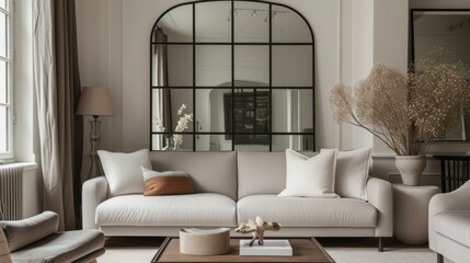 Modern Minimalist Living Room Interior Design with White Sofa and Large Mirror
