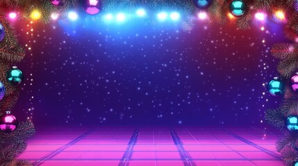 Obraz premium Colorful festive background with snowflakes, Christmas ornaments, and soft glowing lights lighting up a dance floor at night