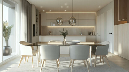 Fototapeta premium A minimalist dining area in light colors with a glass-top table, chic chairs, and a contemporary pendant light