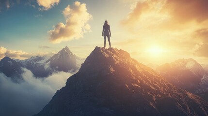 Woman Standing on Top of a Mountain at Sunset