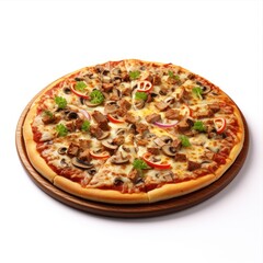 Delicious pizza served on wooden plate isolated on white