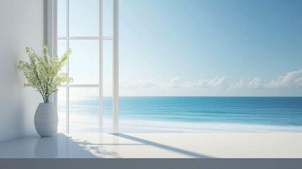 A white counter in front of a bright window with a perfect ocean view on a beautiful summer day