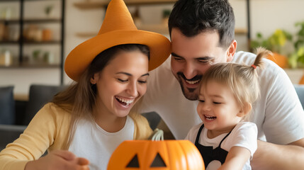 Fototapeta premium Family celebrates Halloween by carving a pumpkin, with the mother in a witch hat and everyone laughing and enjoying the moment.