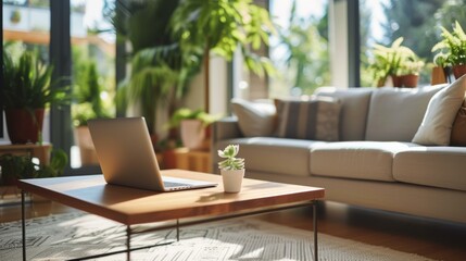 Fototapeta premium Modern Living Room Interior Design with Laptop and Plants