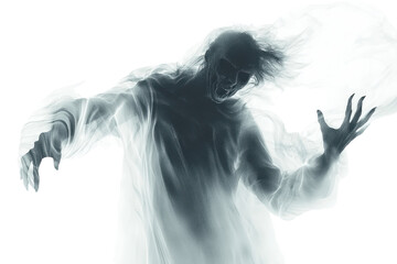Fototapeta premium Eerie ghost figure with ethereal, mist-like appearance, appearing to float. Perfect for Halloween themes, horror concepts, and spooky decorations.