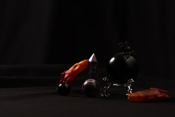 crystal, sphere and spiders Halloween scene.