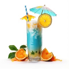 Refreshing lemonade or tropical alcoholic cocktail with lime orange and mint isolated on white background.