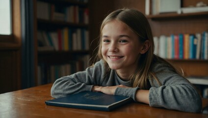 A young girl smiling with her chin resting on a book in a cozy space.