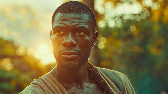 A black slave in American history. A black African couple in a sunset in the 19th century. Black History Month