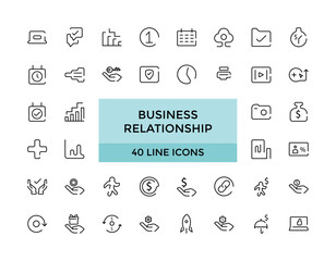 Business relationship icon set, Vector set of linear icons, team work and human resource management. Editable Stroke icon Set. Pixel Perfect.