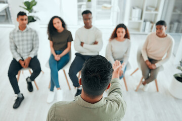 Obraz premium Office, business people and support group with counseling, empathy and workshop for company care. Meeting, listening and discussion about mental health help and work life balance with staff community