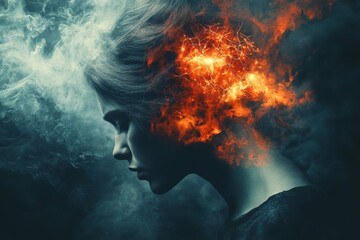 Neuromodulation neurobiology electrophysiology neuroepigenetics and neuropharmacology womans neural brain ablaze with fiery intensity against a futuristic backdrop