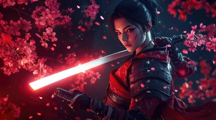 Fototapeta premium Woman with Sword and Falling Cherry Blossoms.