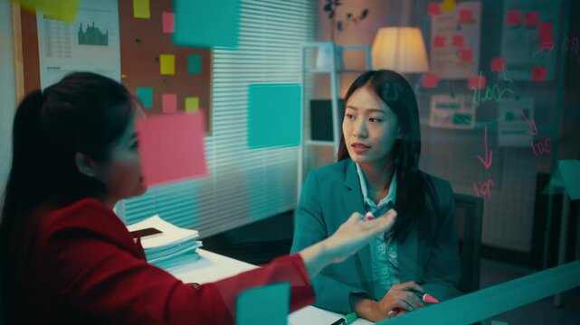 Two businesswomen are having a discussion in their office at night. They are using a glassboard with sticky notes and writing on it to brainstorm ideas