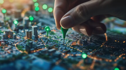 A hand places a pin on a detailed city map with glowing markers, representing geospatial data and location mapping.