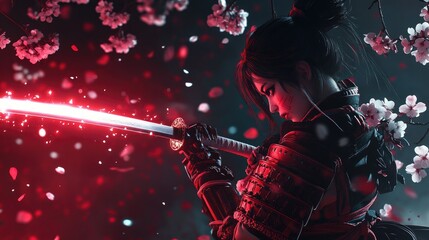 Female Samurai with glowing katana.