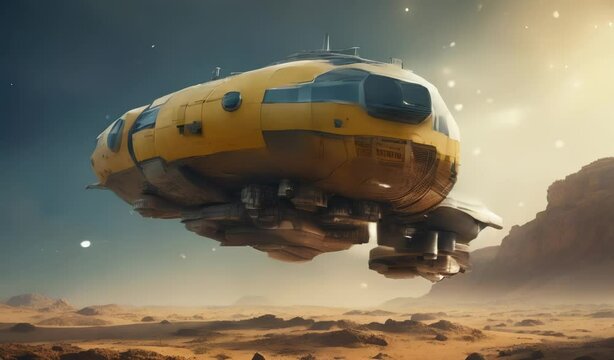 Yellow Spaceship Flying Over Desert Planet