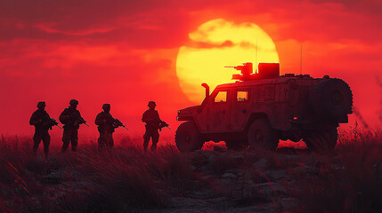 Fototapeta premium Silhouettes of soldiers stand guard against a fiery sunset.
