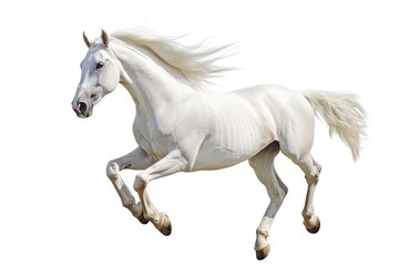 White horse with long mane run free gallop isolated on white