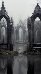 Grey tone wallpaper graveyard arch architecture reflection.
