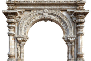 Naklejka premium Ornate stone archway with intricate engravings and columns, isolated on a transparent background. Perfect for historical and architectural themes.