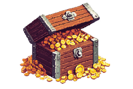 Pixel art of an open treasure chest filled with gold coins, symbolizing wealth and adventure in a nostalgic retro game style.