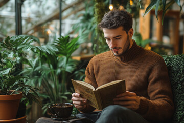 Fototapeta premium man reading a book in the garden
