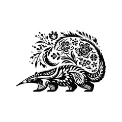 Anteater in folk art black and white silhouette illustration -