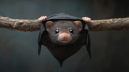 Obraz premium A close-up of a cute animal peeking out from a dark fabric while hanging on a branch, showcasing its adorable features.