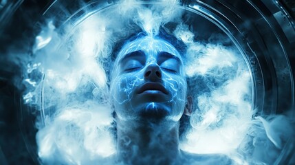 Fototapeta premium Inside a modern cryochamber, a figure lies peacefully while blue mist and light envelop them, creating a surreal environment that suggests advanced technology and preservation