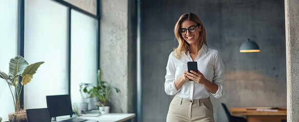A smiling businesswoman using her smartphone in a modern office.
