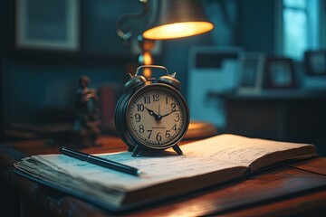 Naklejka premium Vintage alarm clock on a desk with a book. Perfect for themes like time management, deadlines, or nostalgia.