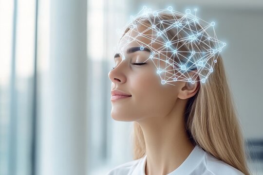 Neurophotonics bioinformatics neuromodulator and neurofeedback woman meditating with a neural brain overlay symbolizing mindfulness and mental clarity