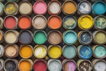 Fototapeta premium A colorful collection of paint cans. This photo is perfect for projects related to art, creativity, and DIY.
