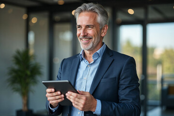Happy middle aged business man ceo wearing suit standing in office using digital tablet. Smiling mature businessman professional executive manager looking away thinking working on tech device.