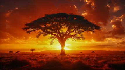 Sunset Silhouette of Acacia Tree on African Savannah..