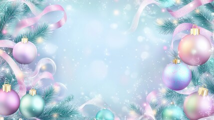 Fototapeta premium Festive holiday decorations with colorful ornaments and ribbons against a soft blue background in a winter wonderland setting