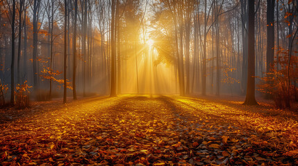 Fototapeta premium Golden Sunrise Through a Misty Autumn Forest