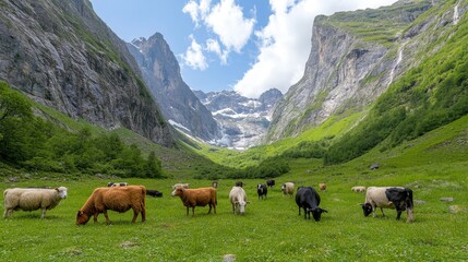 Fototapeta premium Cows and sheep graze peacefully on lush grass under a bright sky filled with white clouds, with green mountains gently rising in the background
