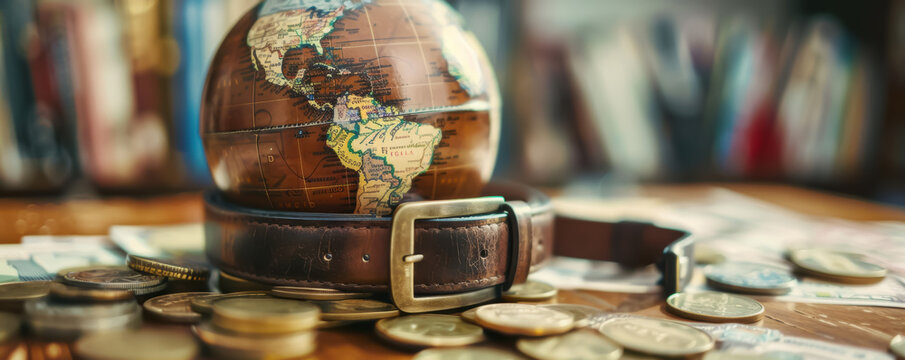 A detailed globe with a leather strap surrounded by coins, symbolizing global finance and economic awareness.