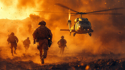 Soldiers run towards a helicopter in a fiery battlefield.