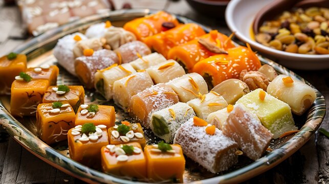 Mix sweets on a dish such as mango peda barfi dryfruits and kaju roll
