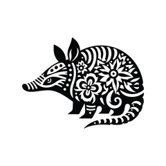 Armadillo in folk art black and white silhouette illustration -