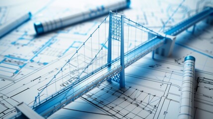 3D model of a blue metal suspension bridge on architectural plans surrounded by architect tools and pens. Bright blue theme creates visually engaging engineering design scene.