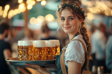 Smiling waitress in traditional Bavarian attire holding a tray of beer mugs during Oktoberfest celebration, with festive lights and bokeh in the background