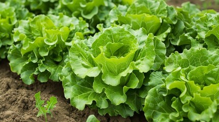 Close-up of fresh, green lettuce plants growing in a garden, showcasing healthy leaves and lush growth, perfect for agriculture and gardening themes.