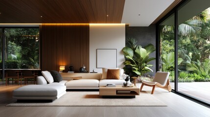 Fototapeta premium A modern living room featuring natural light, minimalist furniture, and lush greenery for a serene and stylish ambiance.