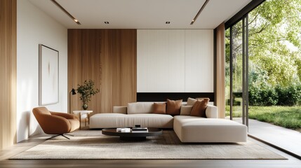 A modern living room featuring sleek furniture, natural light, and a harmonious blend of wood and soft textiles.