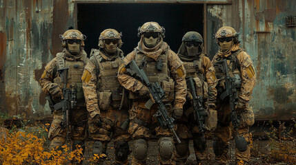 Fototapeta premium Five soldiers in camouflage gear stand in front of an old metal building, holding weapons.